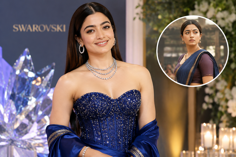 Rashmika Mandanna Stuns in Blue Crystal Outfit at Diwali Event