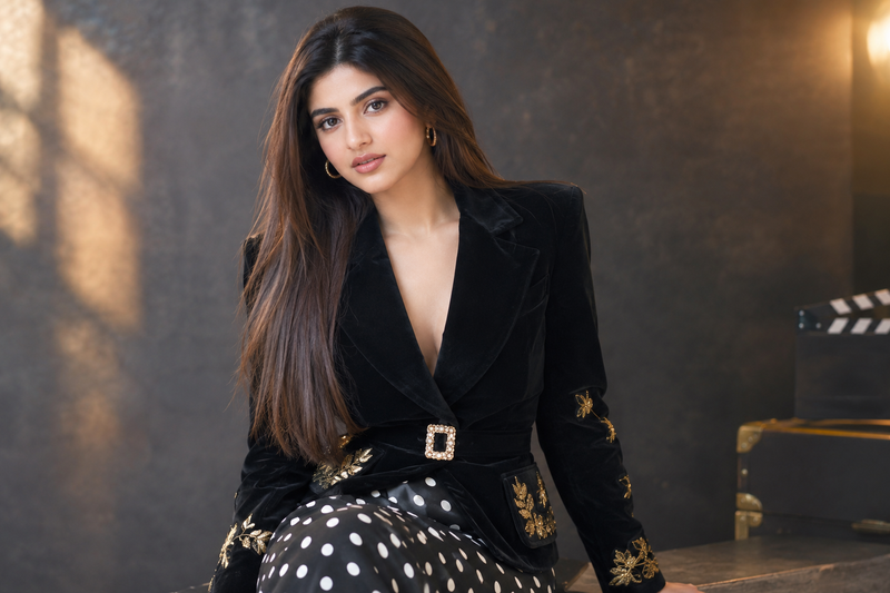Sreeleela Turns Heads in Black Velvet Jacket and Polka Dot Skirt